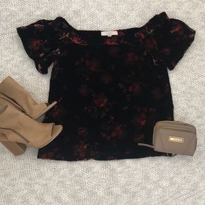 LOFT velvet off shoulder black red floral blouse S